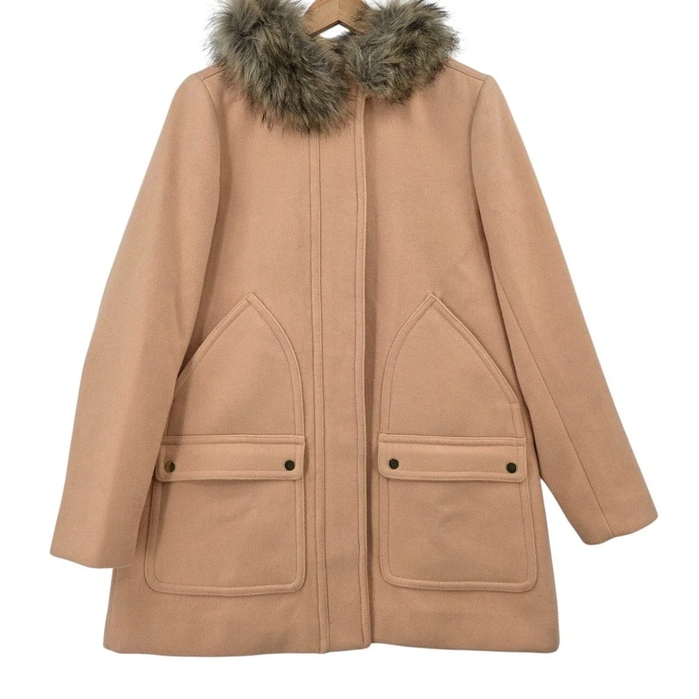 J. Crew Womens 8 Beige Peach Vail Faux‎ Fur Tan Wool Blend Hooded Pea Coat - Picture 2 of 10